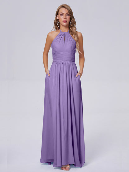 Adaline Simple Halter Chiffon Long Bridesmaid Dresses