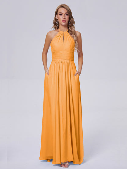 Adaline Simple Halter Chiffon Long Bridesmaid Dresses