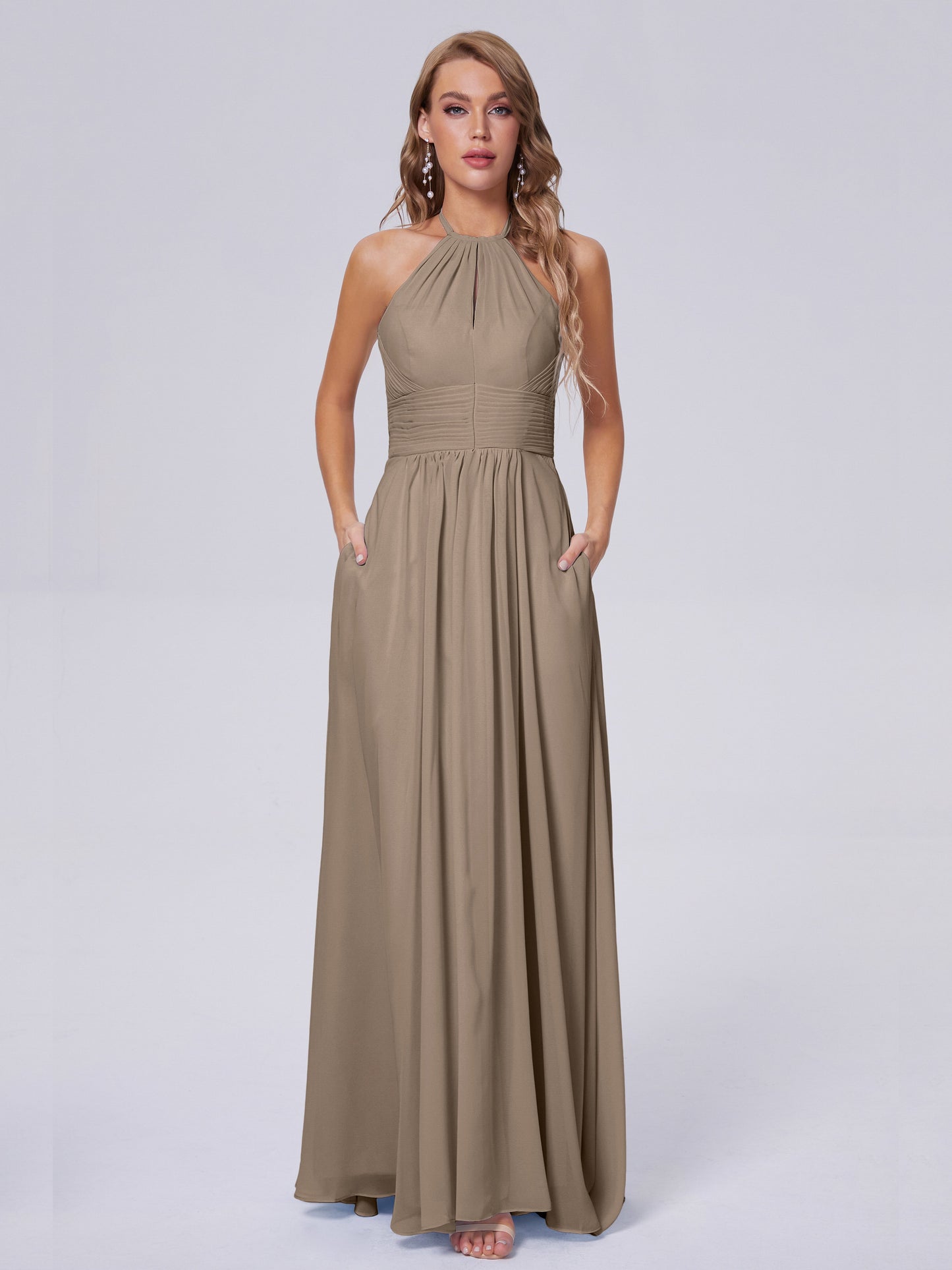 Adaline Simple Halter Chiffon Long Bridesmaid Dresses