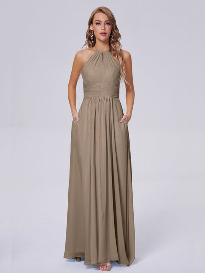 Adaline Simple Halter Chiffon Long Bridesmaid Dresses
