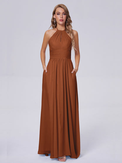 Adaline Simple Halter Chiffon Long Bridesmaid Dresses