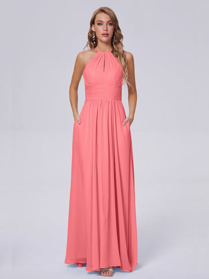 Adaline Simple Halter Chiffon Long Bridesmaid Dresses