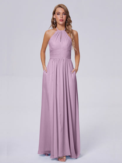 Adaline Simple Halter Chiffon Long Bridesmaid Dresses