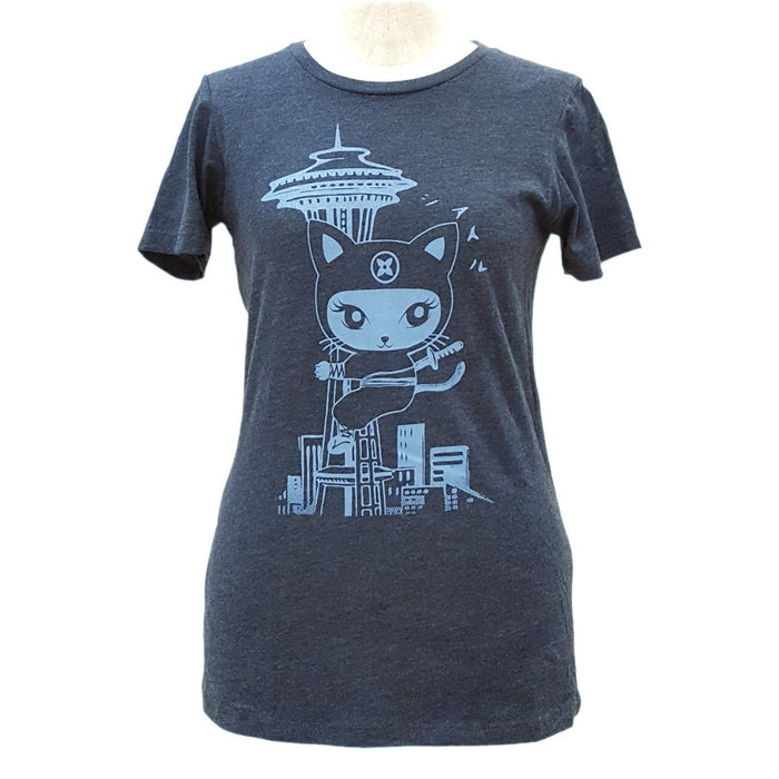 Adult Tee - Seattle Ninja Kitty Blue Fitted Crew Neck by Namu
