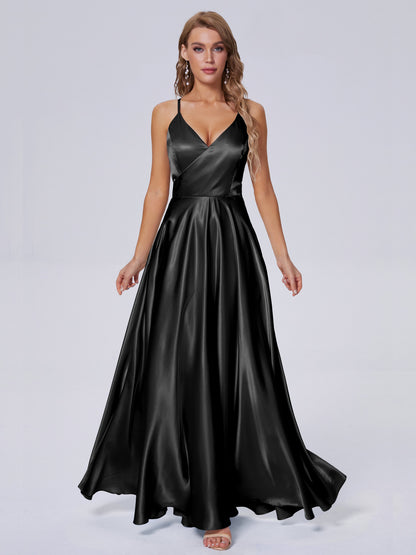Ana Flowy Straps Soft Satin Long Bridesmaid Dresses