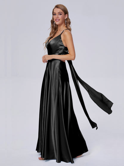 Ana Flowy Straps Soft Satin Long Bridesmaid Dresses
