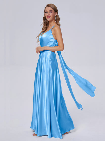 Ana Flowy Straps Soft Satin Long Bridesmaid Dresses