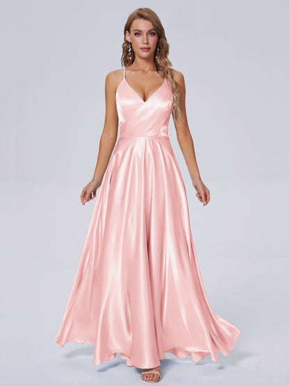 Ana Flowy Straps Soft Satin Long Bridesmaid Dresses