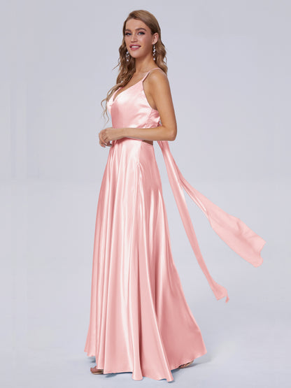 Ana Flowy Straps Soft Satin Long Bridesmaid Dresses