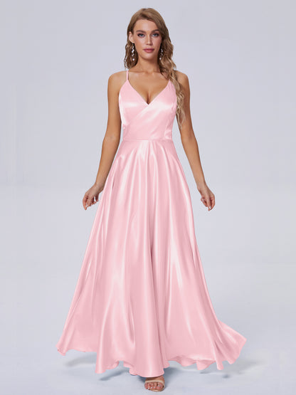 Ana Flowy Straps Soft Satin Long Bridesmaid Dresses