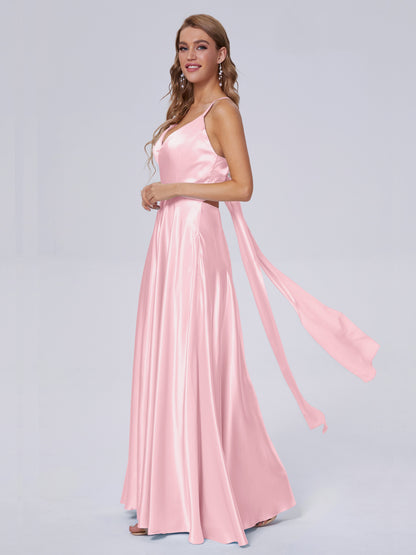 Ana Flowy Straps Soft Satin Long Bridesmaid Dresses