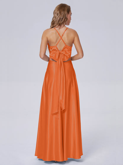 Ana Flowy Straps Soft Satin Long Bridesmaid Dresses