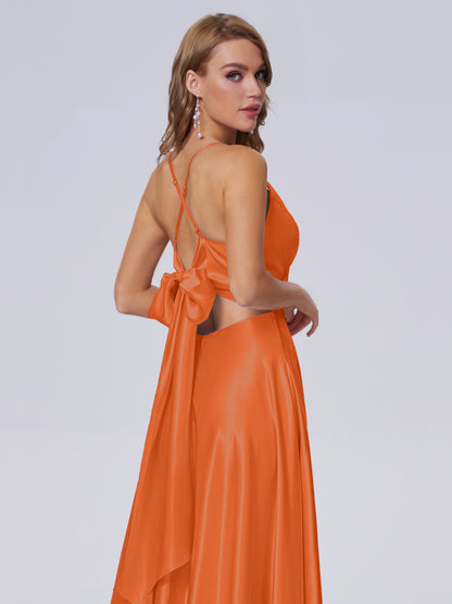 Ana Flowy Straps Soft Satin Long Bridesmaid Dresses