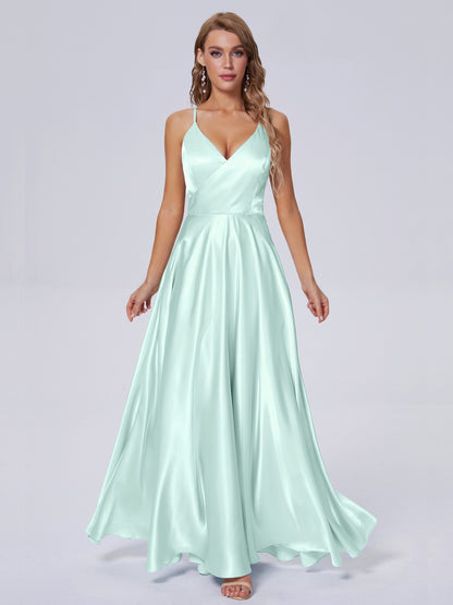 Ana Flowy Straps Soft Satin Long Bridesmaid Dresses