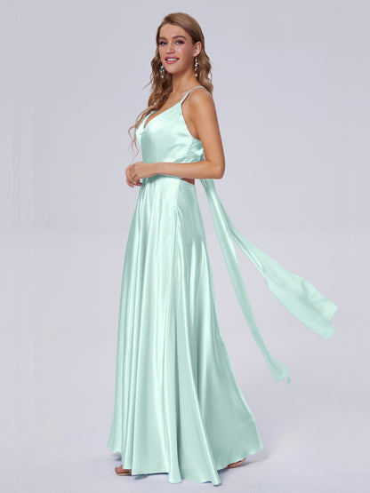 Ana Flowy Straps Soft Satin Long Bridesmaid Dresses