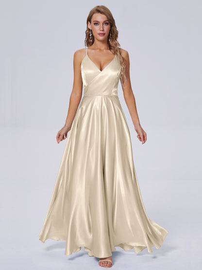 Ana Flowy Straps Soft Satin Long Bridesmaid Dresses