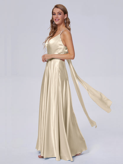 Ana Flowy Straps Soft Satin Long Bridesmaid Dresses