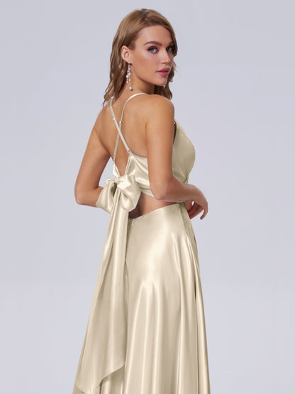 Ana Flowy Straps Soft Satin Long Bridesmaid Dresses