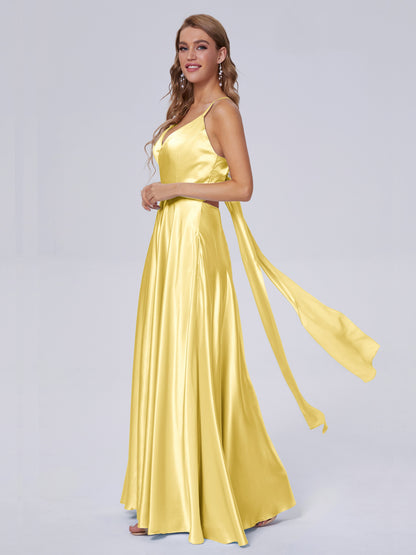 Ana Flowy Straps Soft Satin Long Bridesmaid Dresses