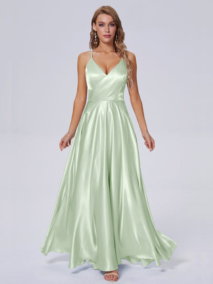 Ana Flowy Straps Soft Satin Long Bridesmaid Dresses