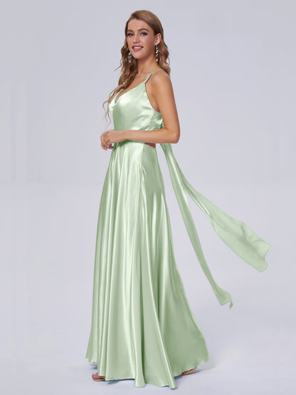 Ana Flowy Straps Soft Satin Long Bridesmaid Dresses