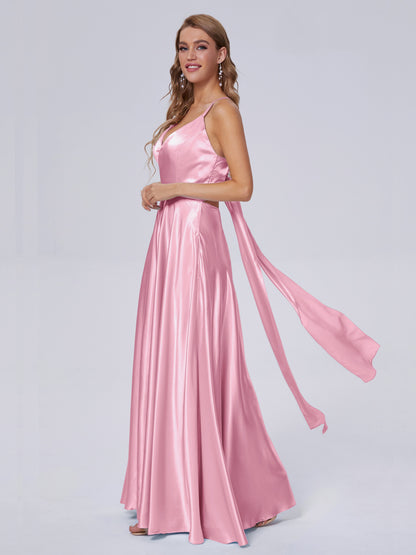 Ana Flowy Straps Soft Satin Long Bridesmaid Dresses