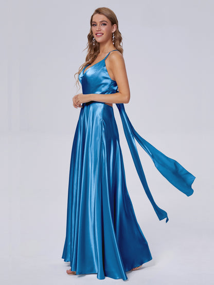 Ana Flowy Straps Soft Satin Long Bridesmaid Dresses