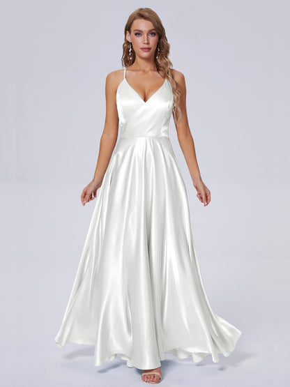 Ana Flowy Straps Soft Satin Long Bridesmaid Dresses
