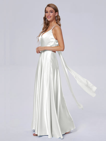 Ana Flowy Straps Soft Satin Long Bridesmaid Dresses