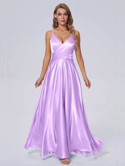 Ana Flowy Straps Soft Satin Long Bridesmaid Dresses