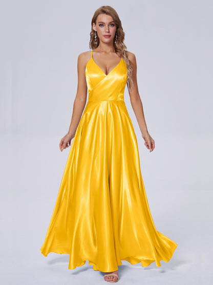 Ana Flowy Straps Soft Satin Long Bridesmaid Dresses