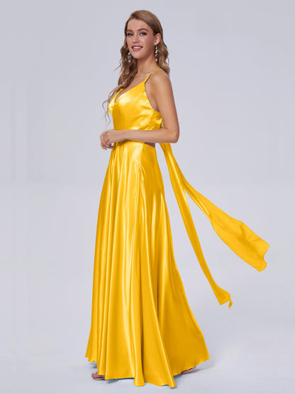 Ana Flowy Straps Soft Satin Long Bridesmaid Dresses