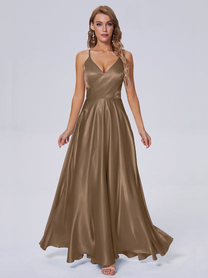 Ana Flowy Straps Soft Satin Long Bridesmaid Dresses