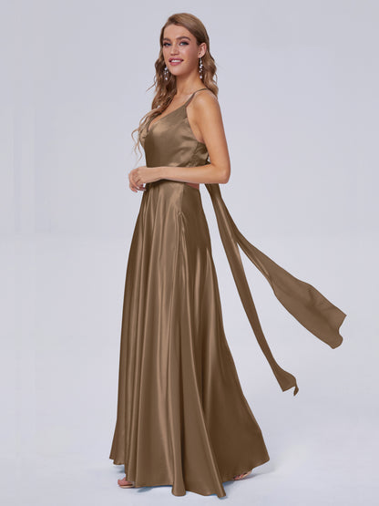 Ana Flowy Straps Soft Satin Long Bridesmaid Dresses