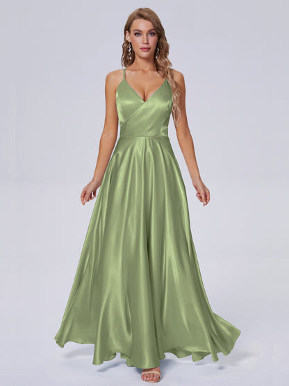 Ana Flowy Straps Soft Satin Long Bridesmaid Dresses