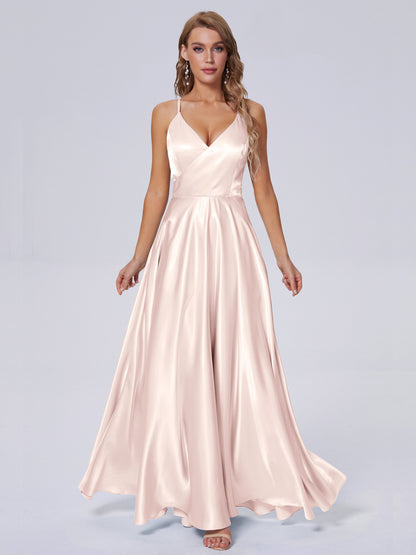 Ana Flowy Straps Soft Satin Long Bridesmaid Dresses