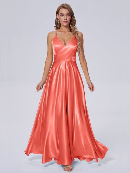 Ana Flowy Straps Soft Satin Long Bridesmaid Dresses