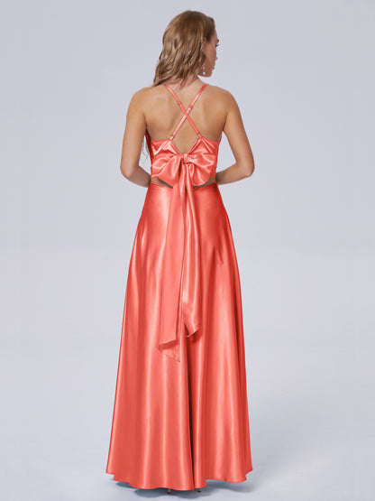 Ana Flowy Straps Soft Satin Long Bridesmaid Dresses