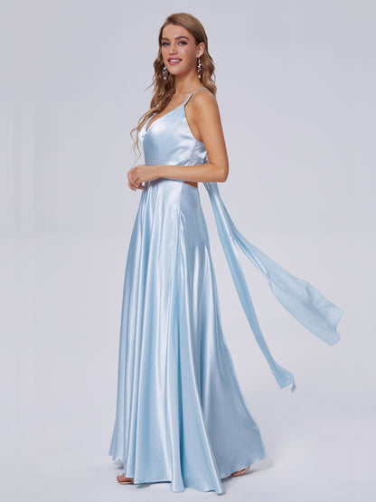 Ana Flowy Straps Soft Satin Long Bridesmaid Dresses