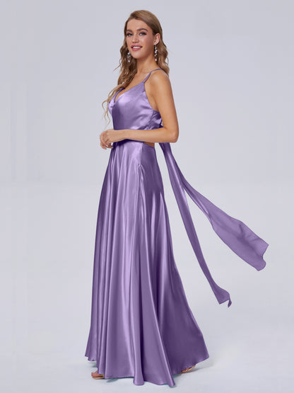 Ana Flowy Straps Soft Satin Long Bridesmaid Dresses