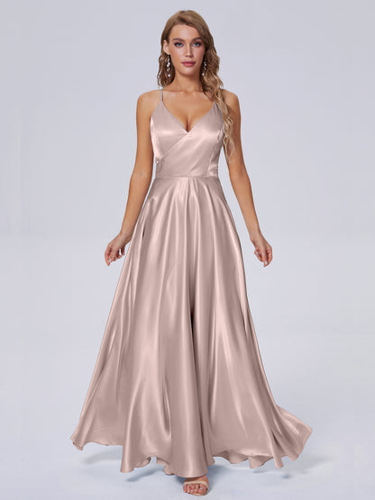Ana Flowy Straps Soft Satin Long Bridesmaid Dresses