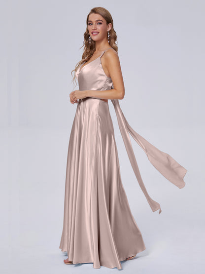 Ana Flowy Straps Soft Satin Long Bridesmaid Dresses