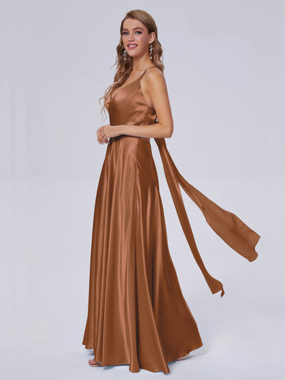 Ana Flowy Straps Soft Satin Long Bridesmaid Dresses