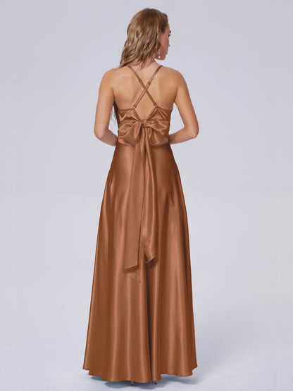 Ana Flowy Straps Soft Satin Long Bridesmaid Dresses
