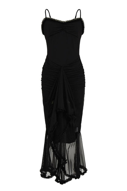 Straps Yellow Ruffled Front Irregular Long Dress