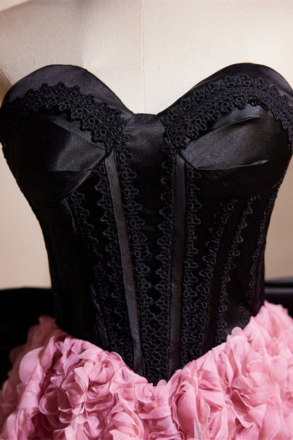 Sweetheart Black and Pink Floral Tea Length Dress