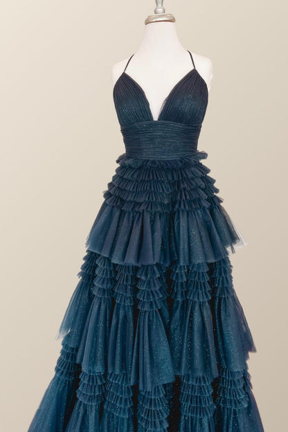 Pink Tiered Ruffle Long Ball Gown with Straps