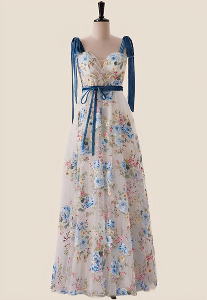 Sweetheart Blue Floral A-line Long Formal Gown