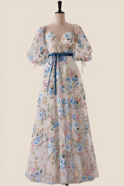 Sweetheart Blue Floral A-line Long Formal Gown