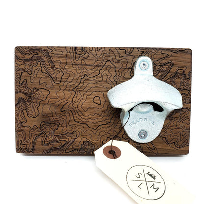 Bottle Opener - Dark Walnut Wood - Mt Rainier Topography by SML